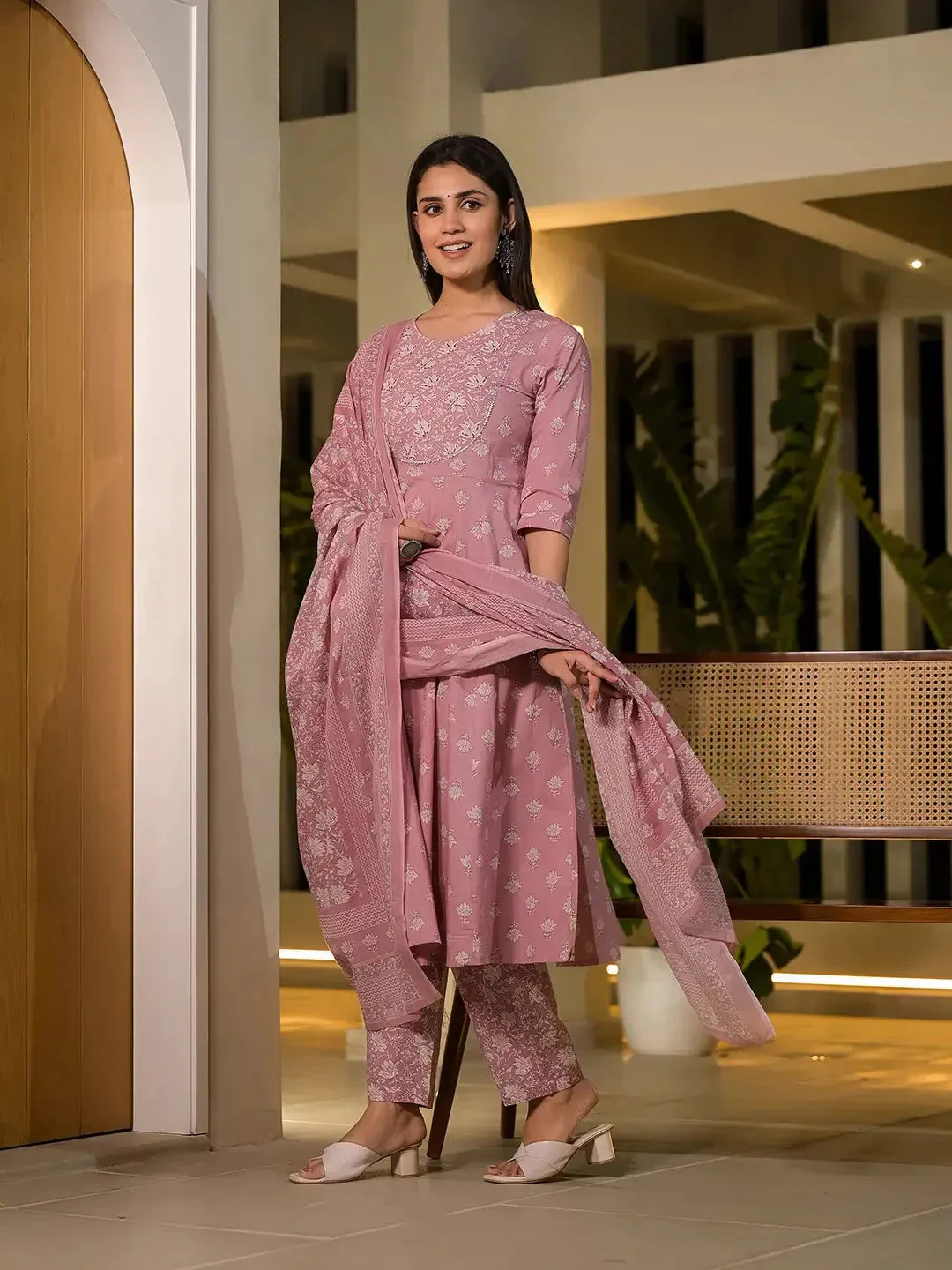 Pink Floral Print Cotton Anarkali Style Kurta With Trousers With Dupatta Set