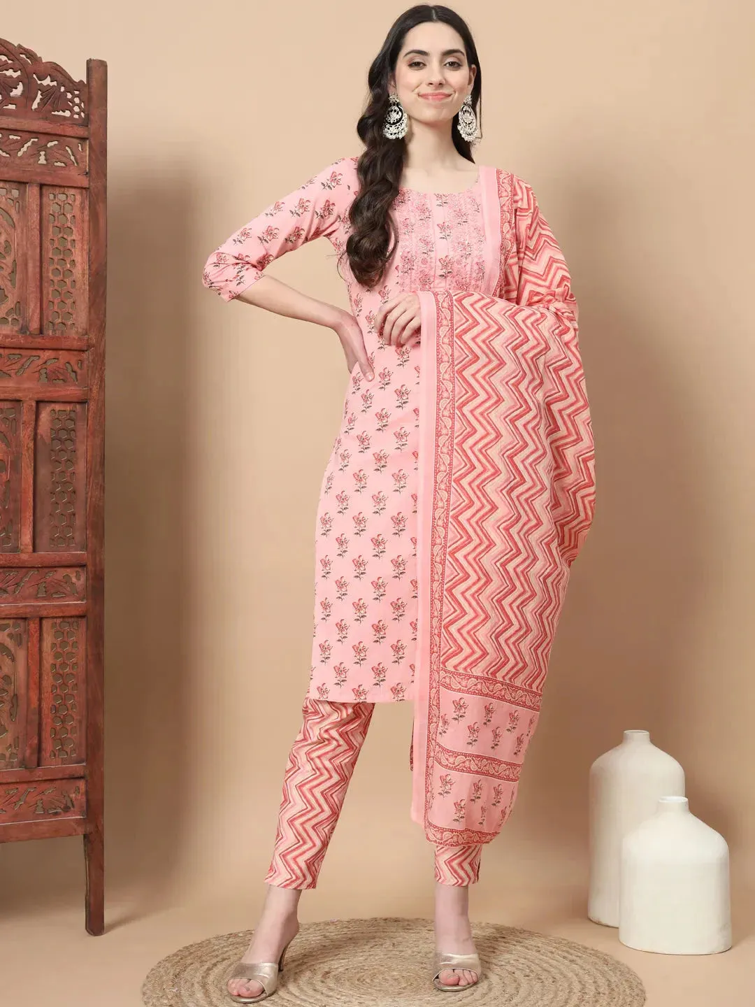 Pink Floral,Sequins_Work Straight Kurta Trouser And Dupatta Set