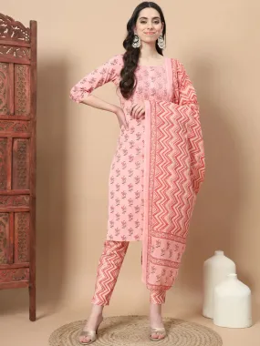 Pink Floral,Sequins_Work Straight Kurta Trouser And Dupatta Set