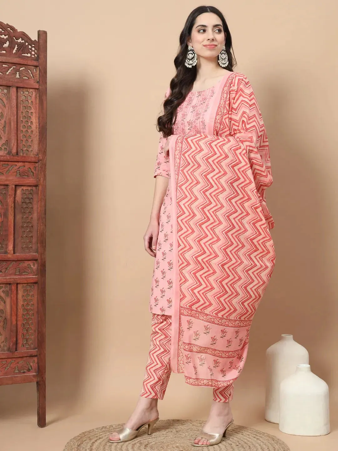 Pink Floral,Sequins_Work Straight Kurta Trouser And Dupatta Set