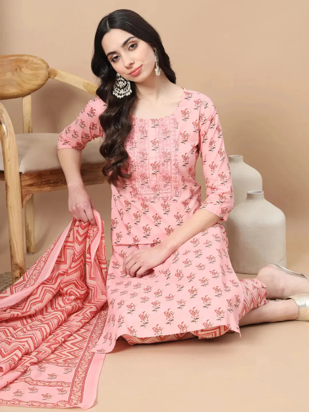 Pink Floral,Sequins_Work Straight Kurta Trouser And Dupatta Set