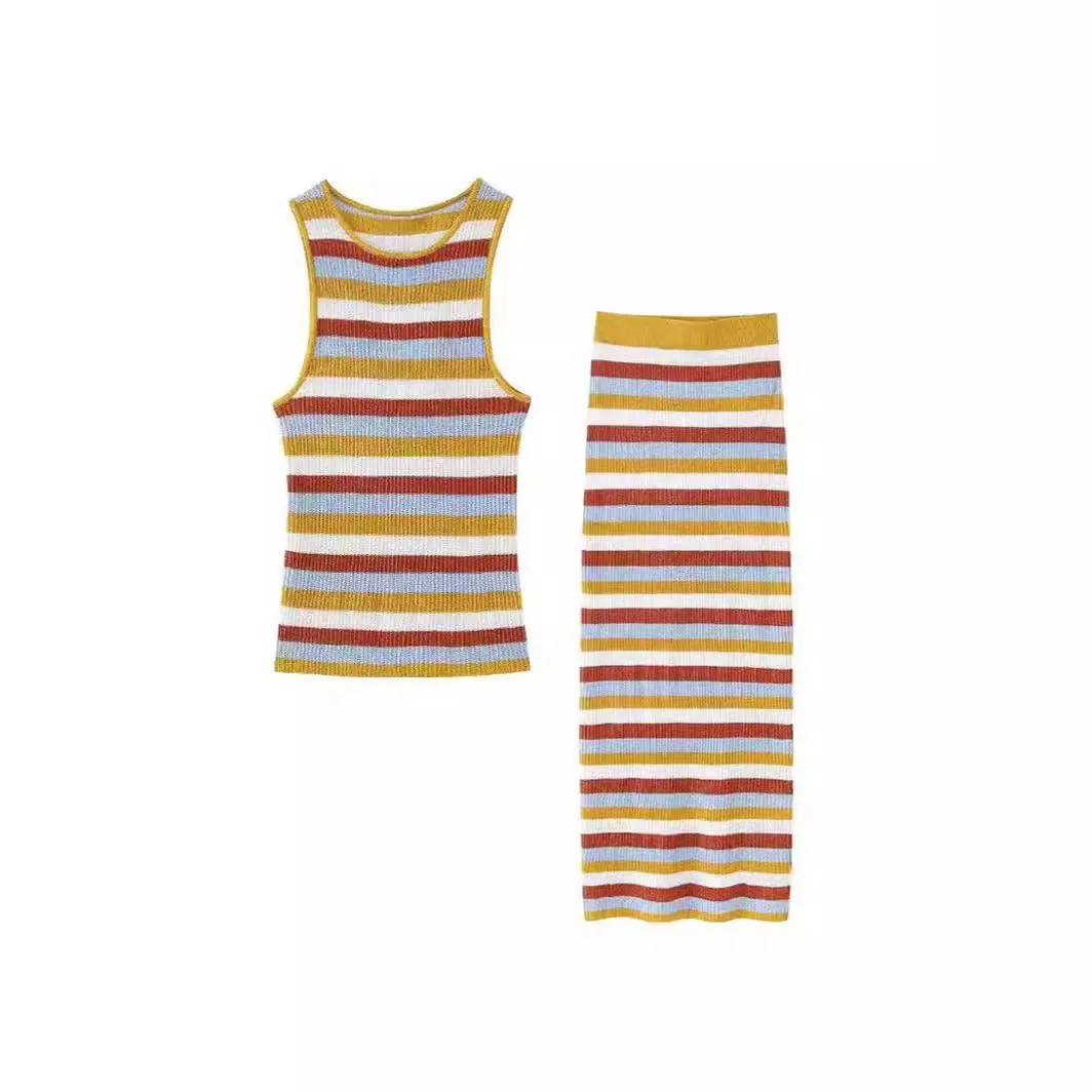 Pre Order:  Sleeveless Striped Knitted Vest   Slim Long Skirt