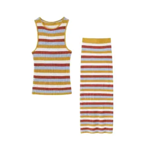 Pre Order:  Sleeveless Striped Knitted Vest   Slim Long Skirt