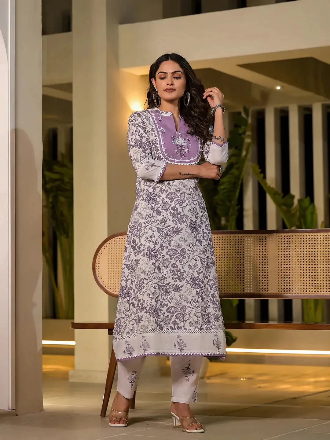 Purple Resham Embroidery Cotton Straight Kurta With Trouser Set