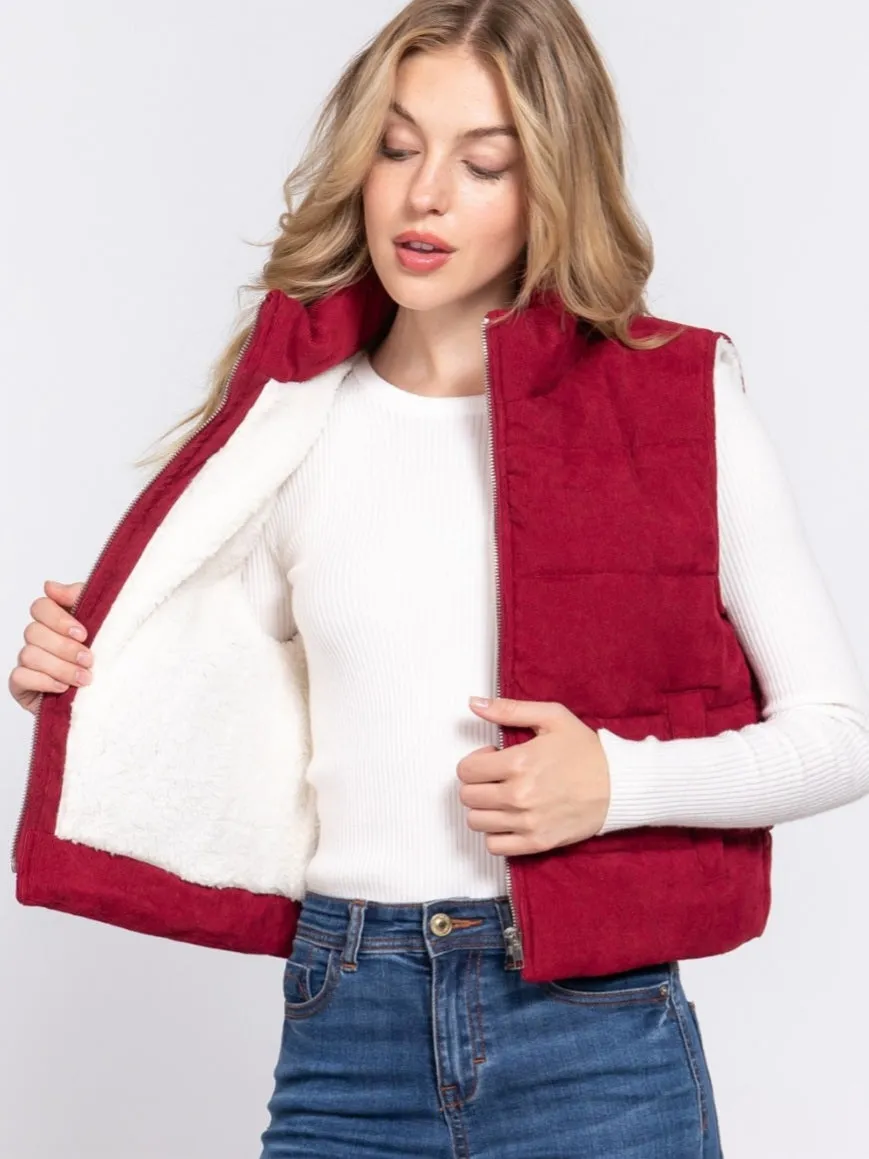 Rae Corduroy Puffer Vest - Burgundy