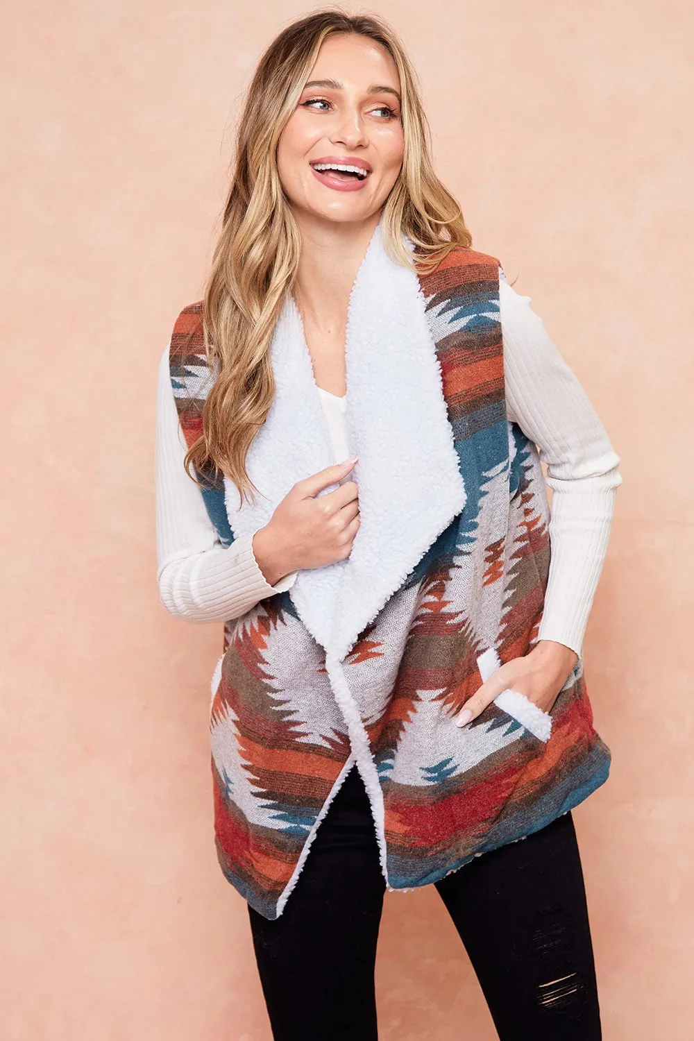 Rainbow Aztec Sherpa Lined Sweater Vest