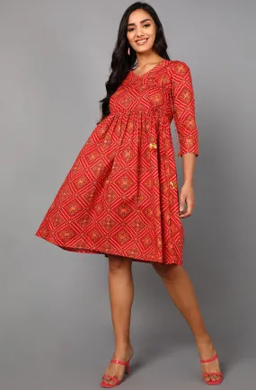 Red Cotton Bandhani Midi Dress