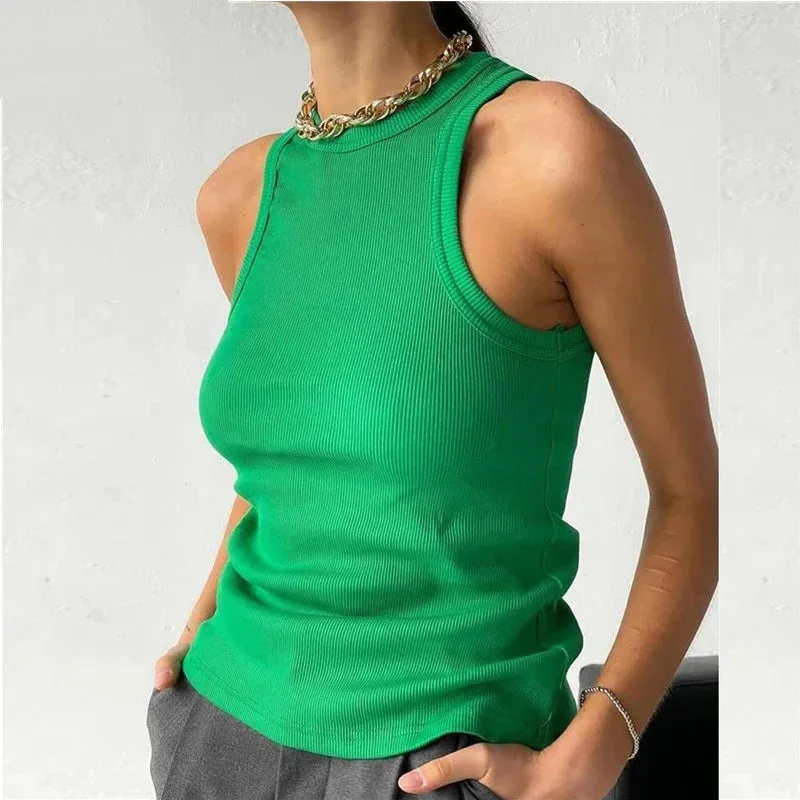 Ribbed Knitted Neck Summer Basic Shirts White Black Casual Sport Vest Off Shoulder Green Women's Tank Top