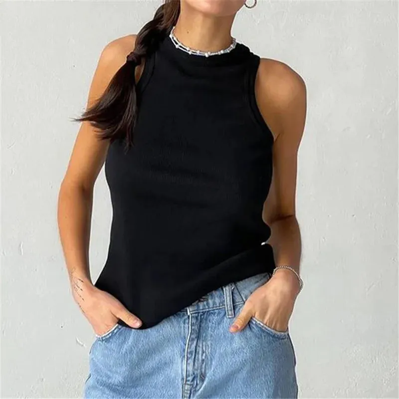 Ribbed Knitted Neck Summer Basic Shirts White Black Casual Sport Vest Off Shoulder Green Women's Tank Top