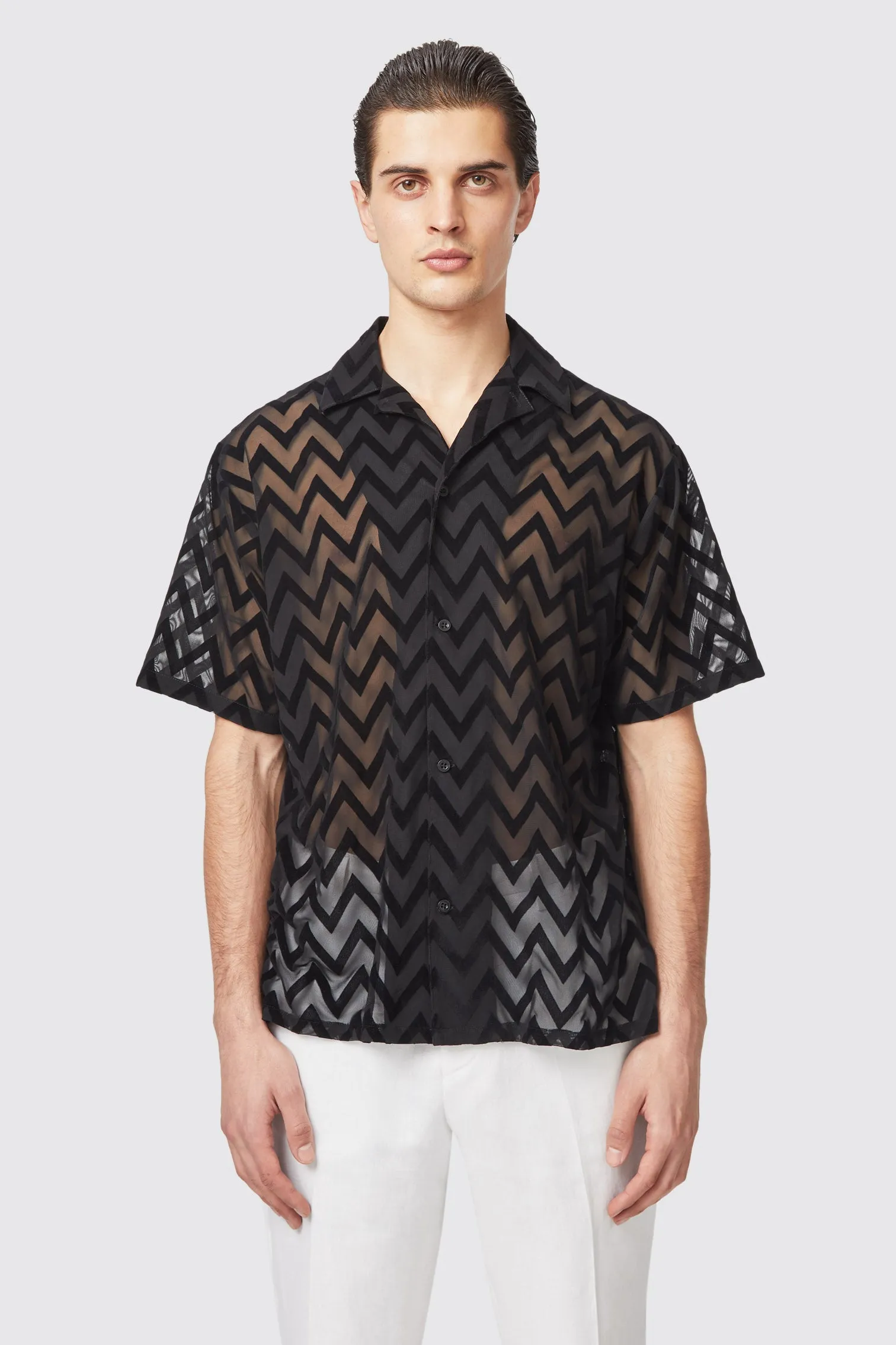 Rowan Slim Fit Black Flocked Mesh Shirt - ARCHIVE