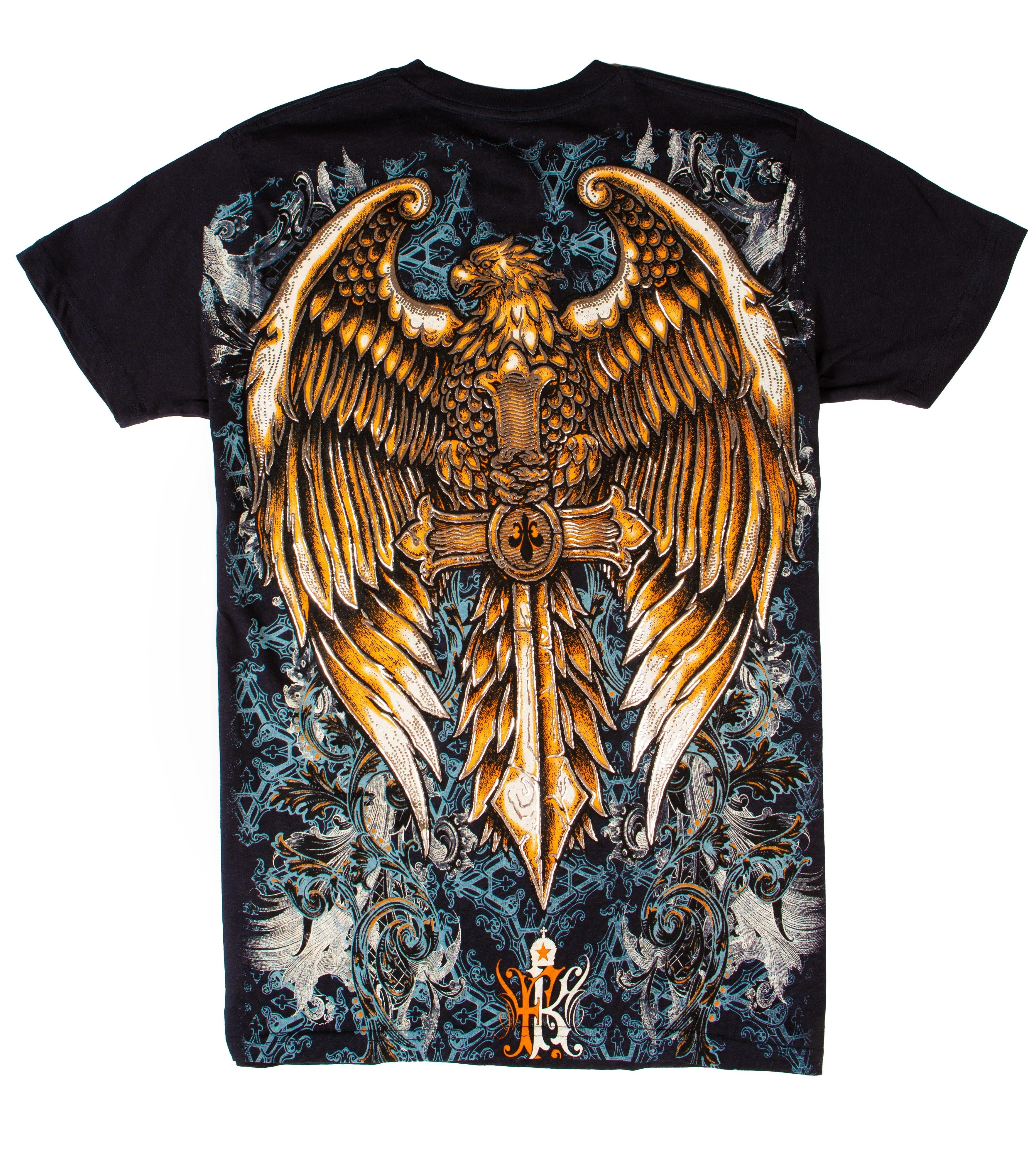 Sakkas Eagle Perched on a Sword Metallic Silver Embossed Cotton Mens T-Shirt