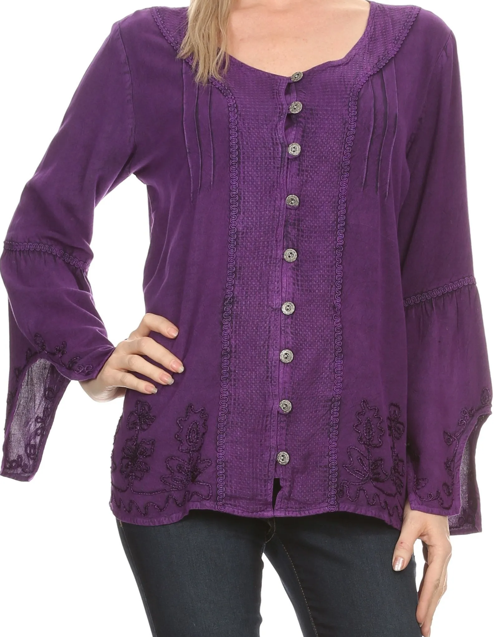 Sakkas Savannah Scoop Neck Button Down Embroiderd Long Sleeve Blouse Top/Shirt