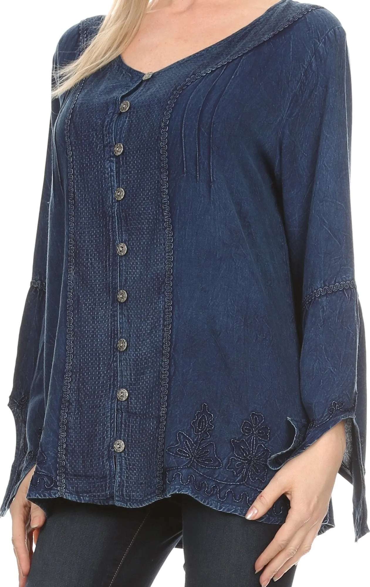 Sakkas Savannah Scoop Neck Button Down Embroiderd Long Sleeve Blouse Top/Shirt