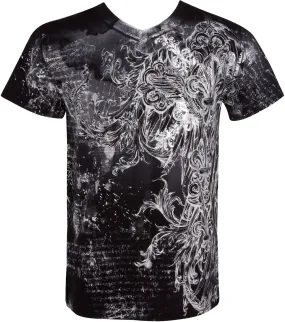 Sakkas Vines and Fleur De Lis Metallic Silver Embossed V-Neck Mens T-Shirt