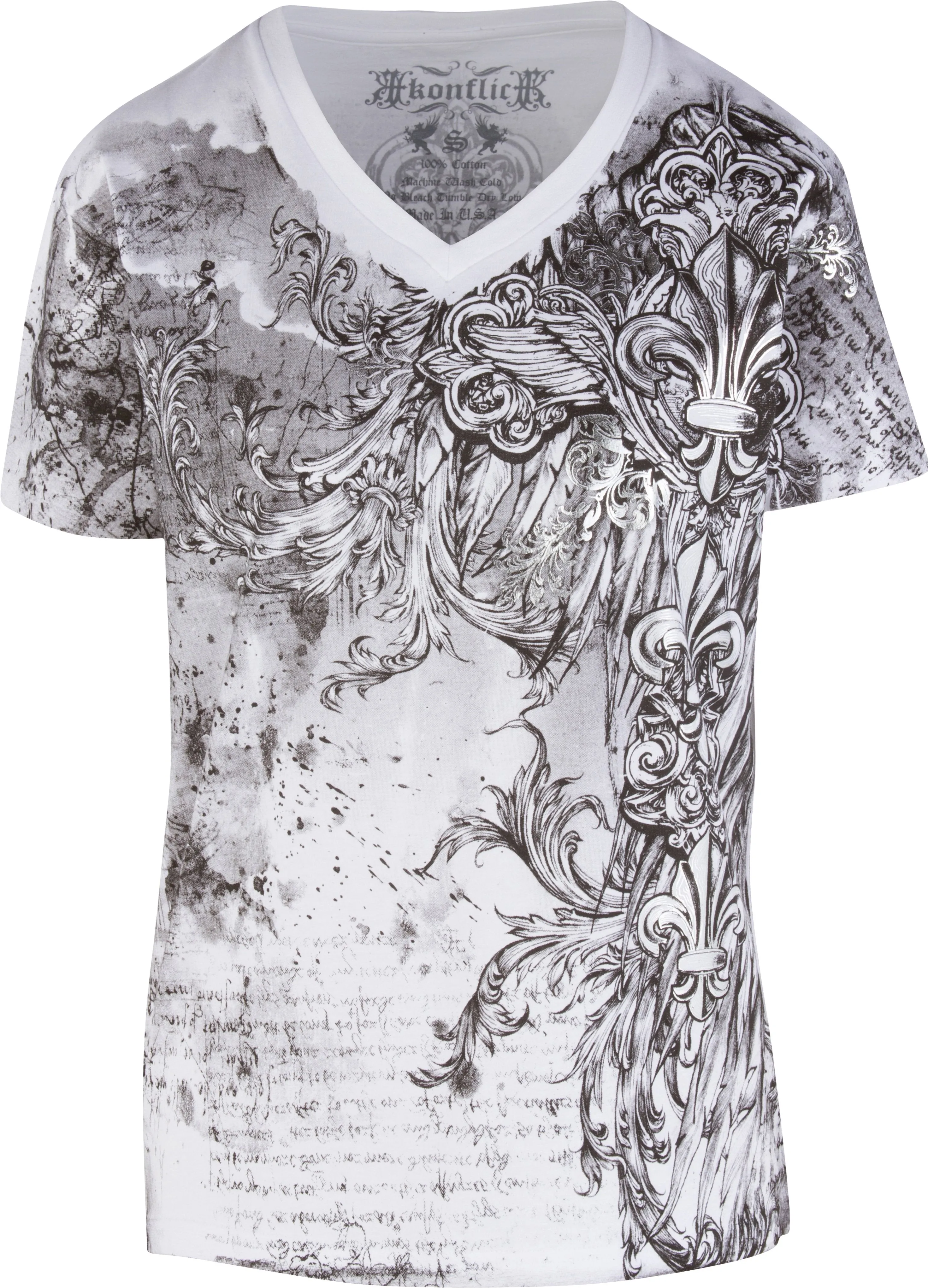 Sakkas Vines and Fleur De Lis Metallic Silver Embossed V-Neck Mens T-Shirt