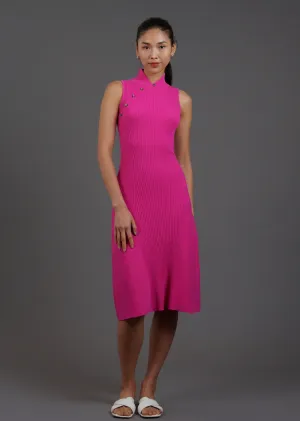 Sleeveless Ribbed Knitted Qipao (Fuchsia)