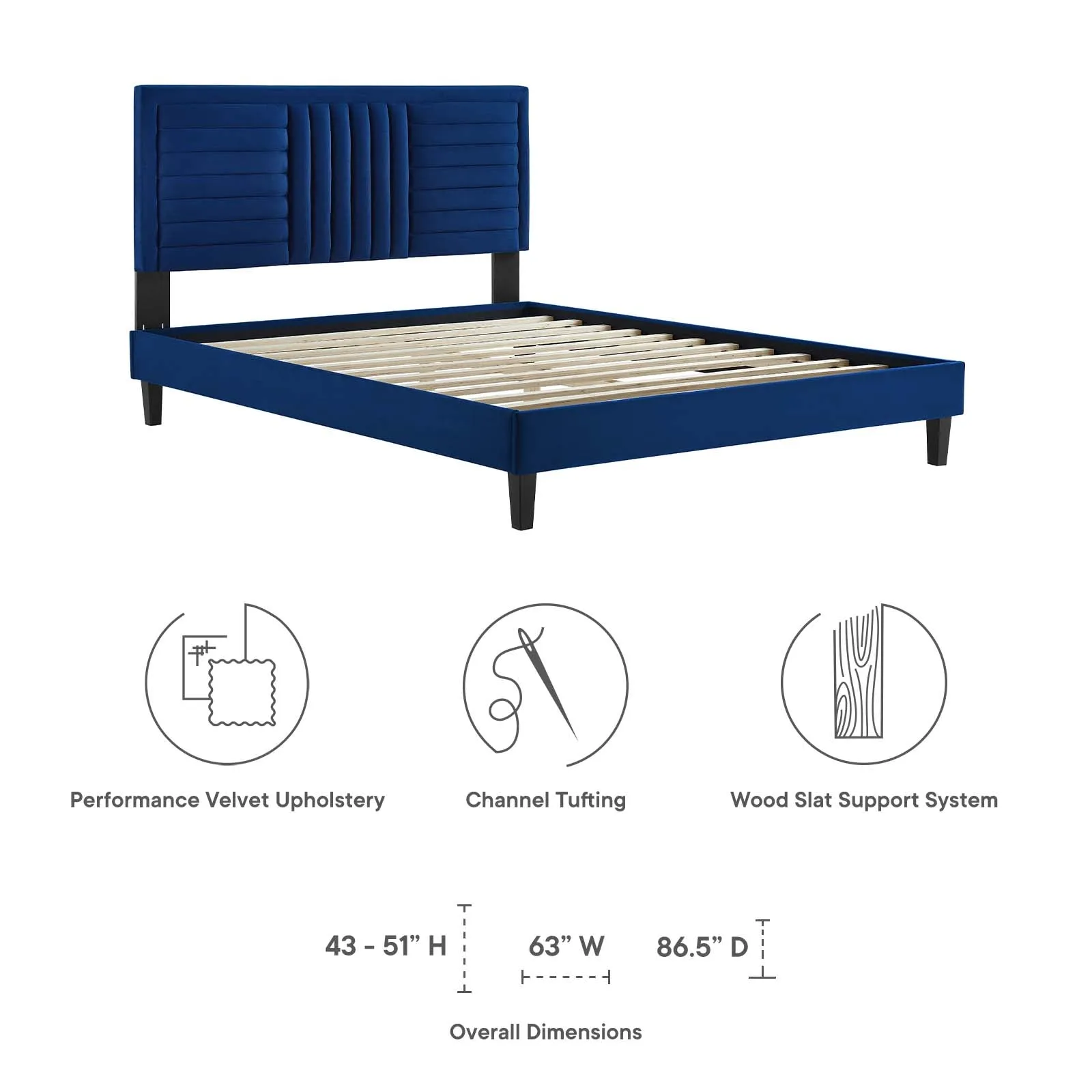 Sofia Channel Tufted Performance Velvet Queen Platform Bed Navy MOD-6975-NAV