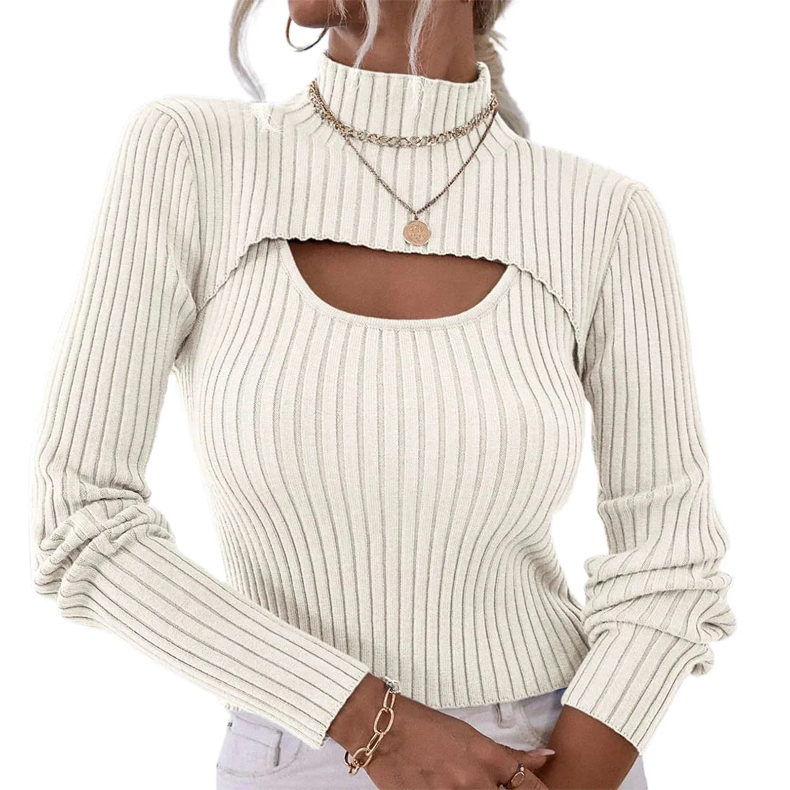 Spring Autumn Knit Cutout Outfit Solid Color High Neck Short Ribbed Sling Vest Sets Women's T-shirt