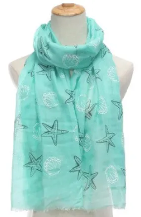 Starfish and Shell Prints Scarf, Mint