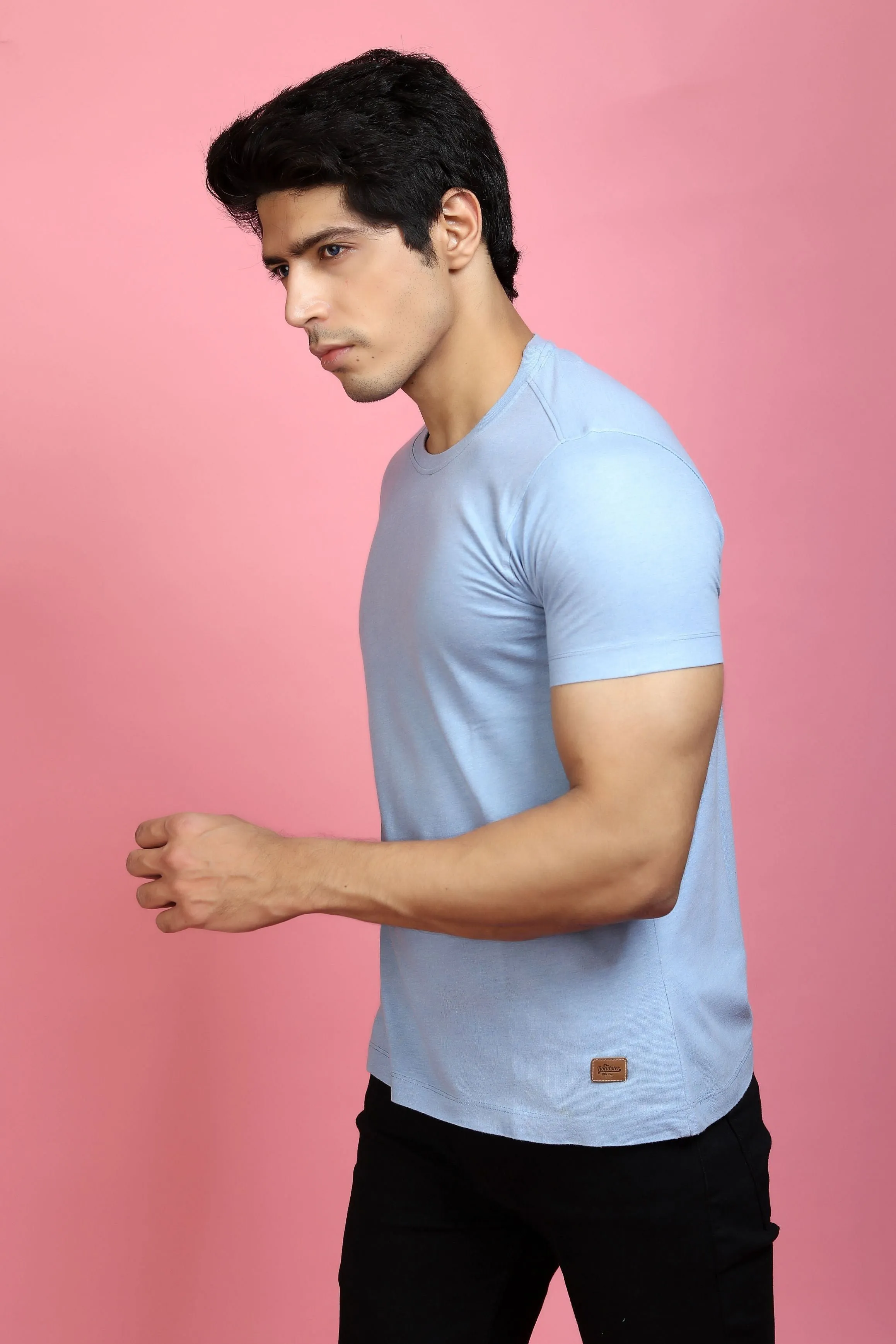 T-shirt - Men Sky Blue Solid Round Neck Pure Cotton