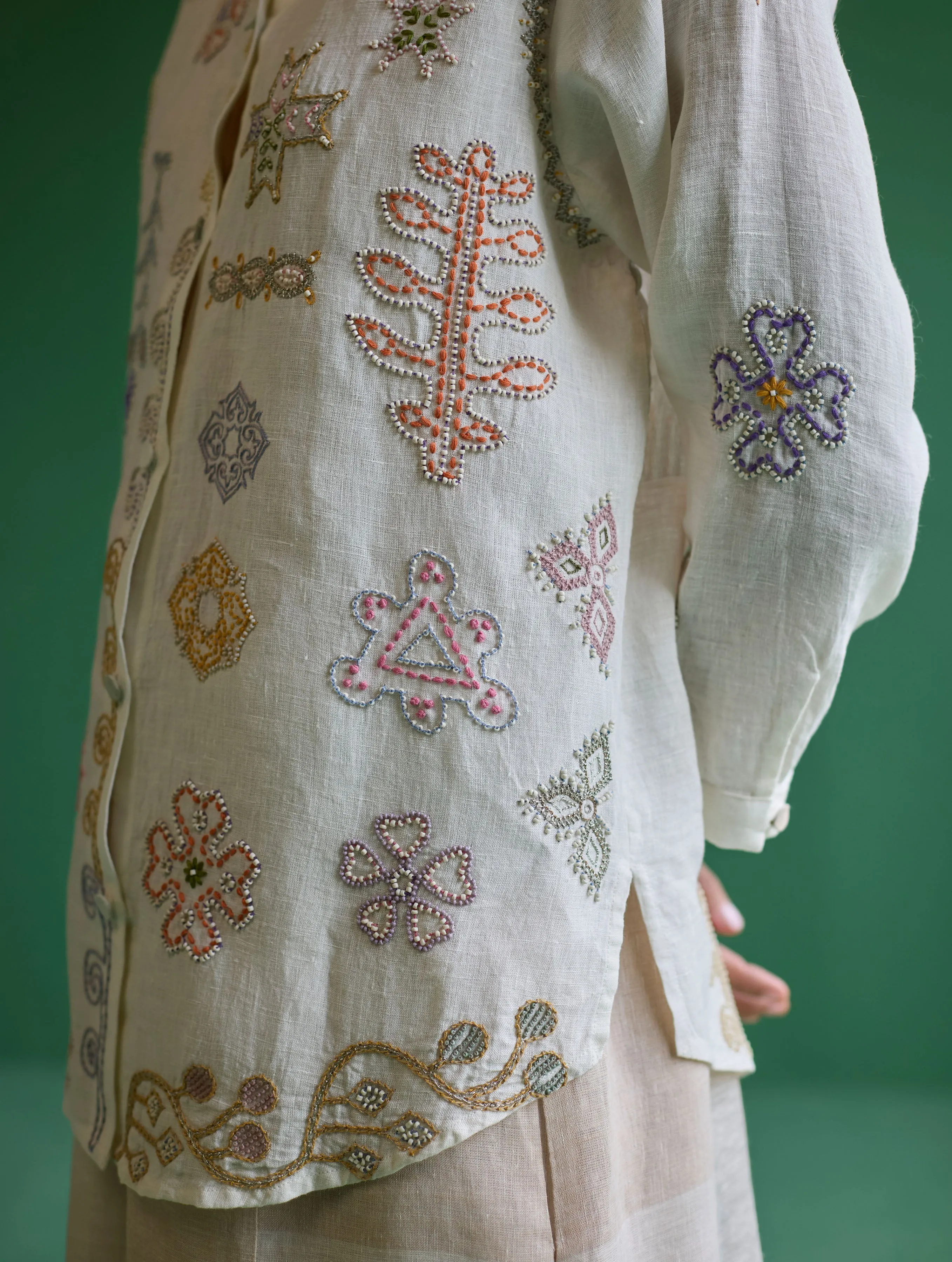 Tansa Hand-Embroidered Metallic Linen Shirt - Ivory