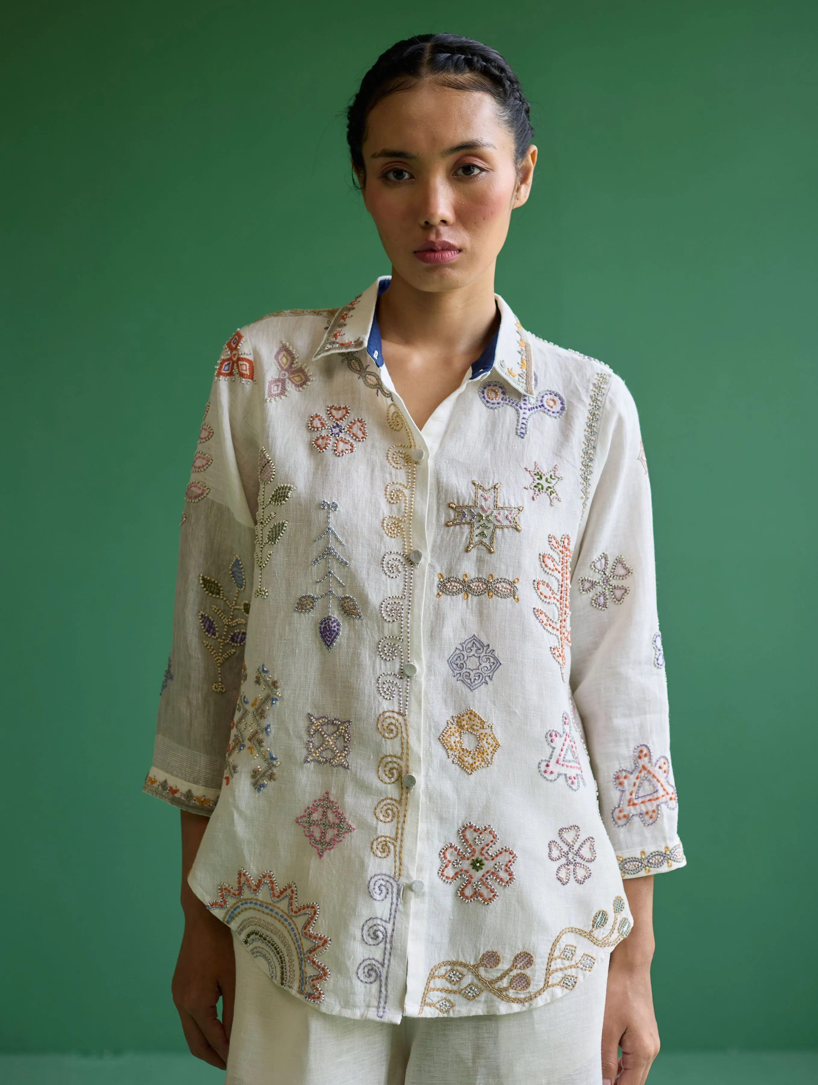 Tansa Hand-Embroidered Metallic Linen Shirt - Ivory