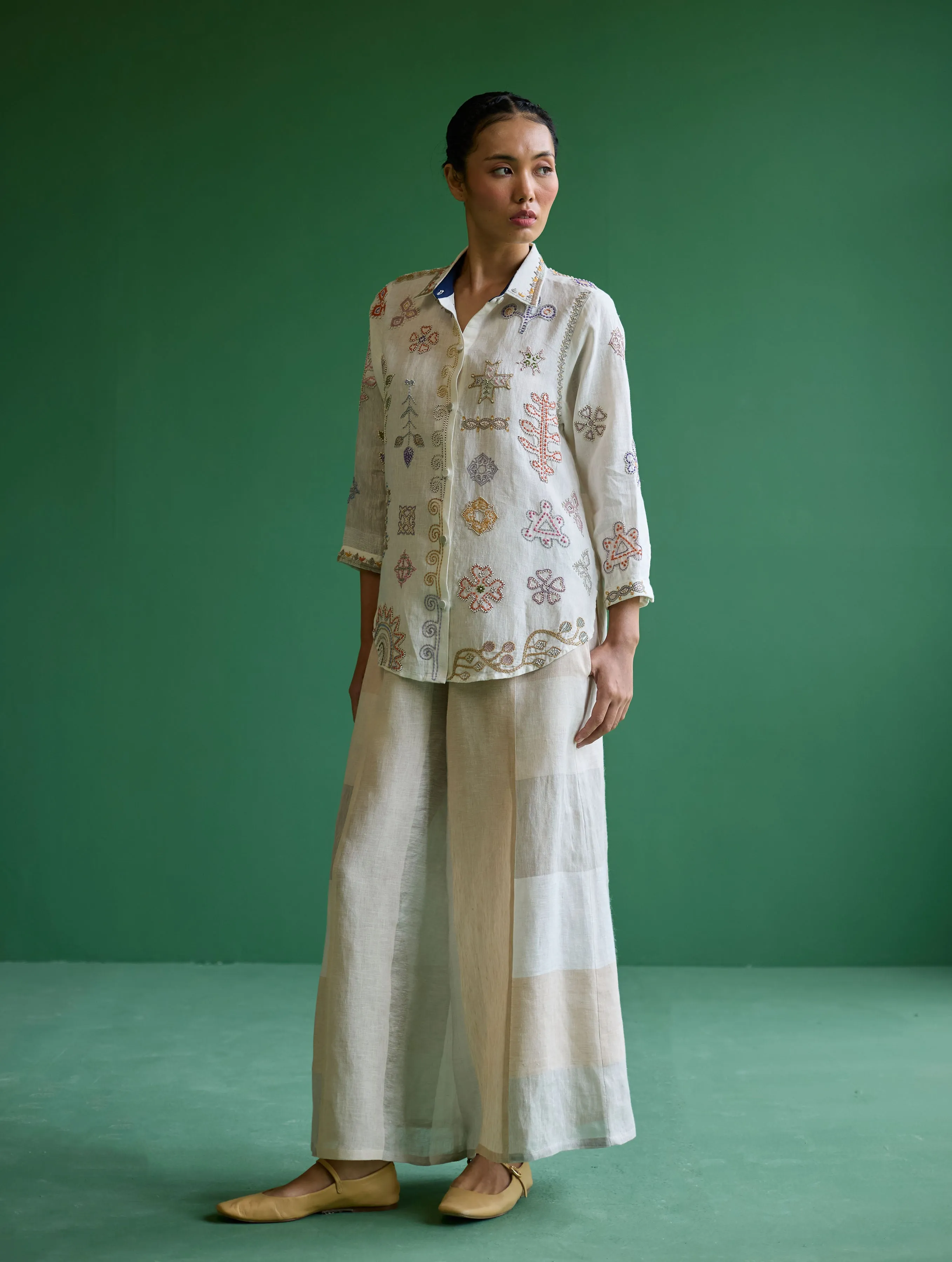 Tansa Hand-Embroidered Metallic Linen Shirt - Ivory