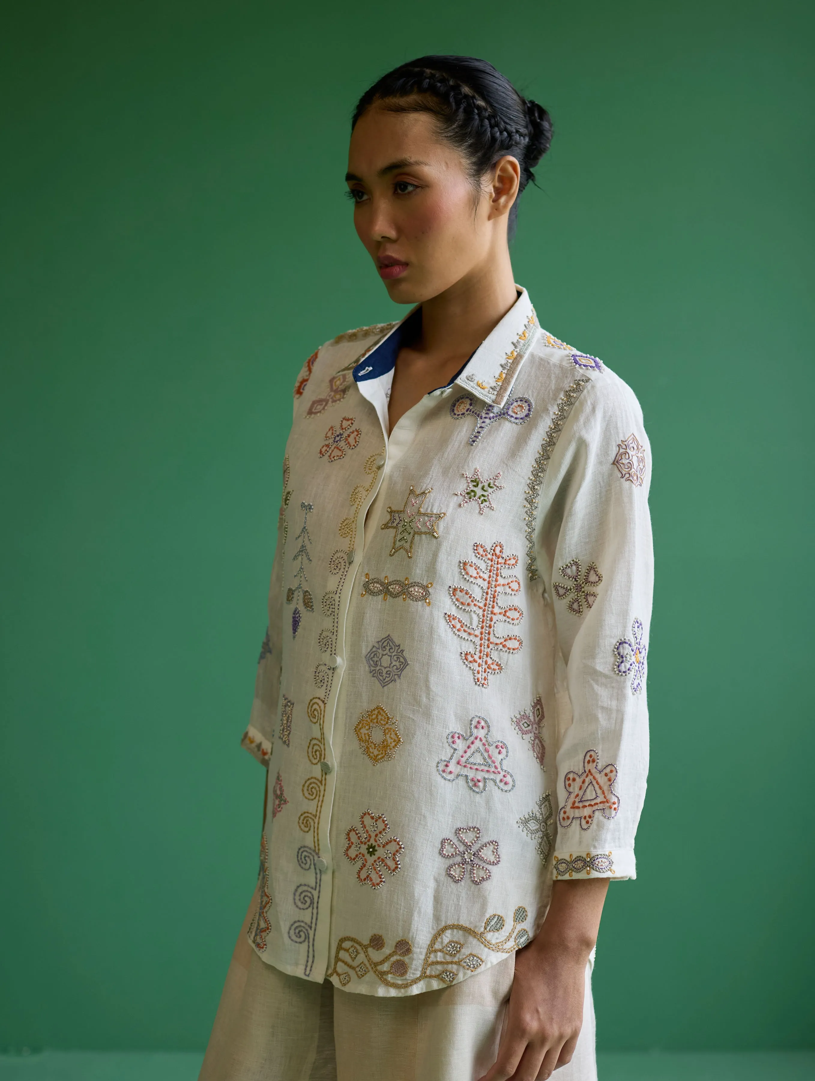 Tansa Hand-Embroidered Metallic Linen Shirt - Ivory