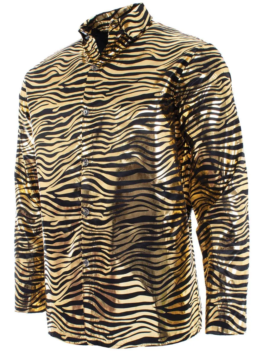 Tiger King Gold Metallic Tiger Print Mens Plus Size Costume Shirt