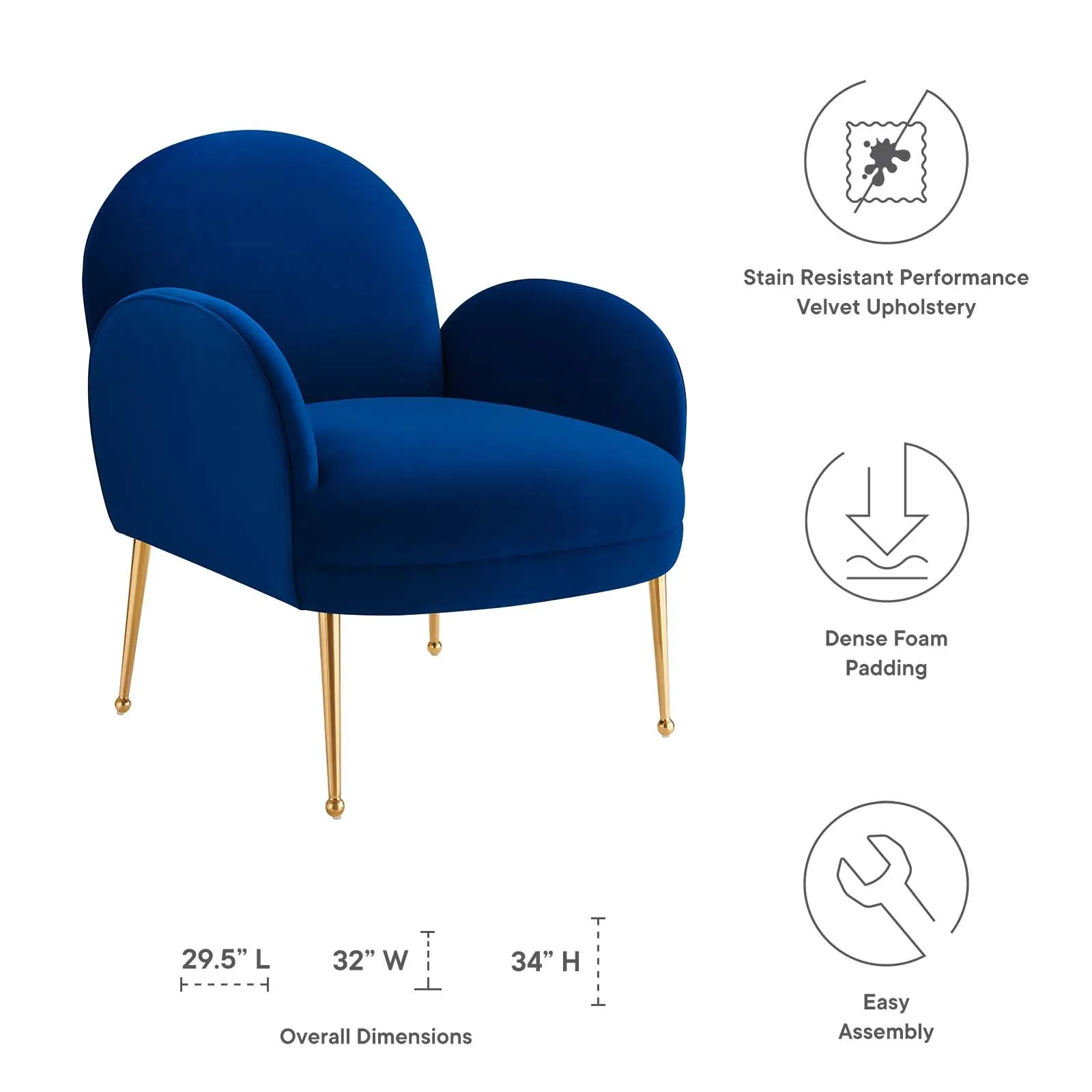 Transcend Performance Velvet Armchair Navy EEI-5026-NAV