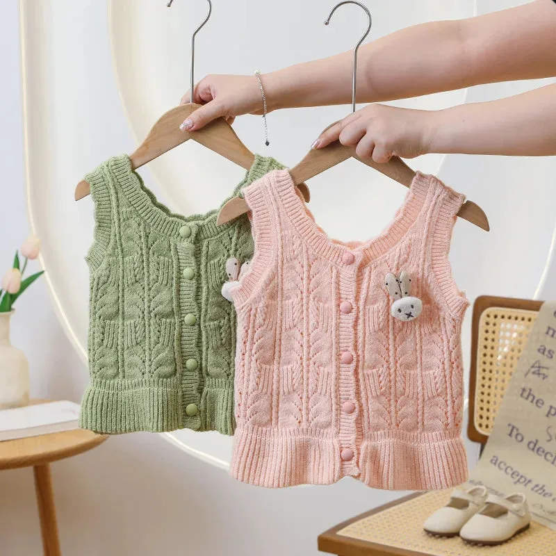 Trendy 2024 Kids Sweater Vest Cardigan Casual Elegant Lovely Bunny Decoration Everyday Fresh Leisure Fine Workmanship