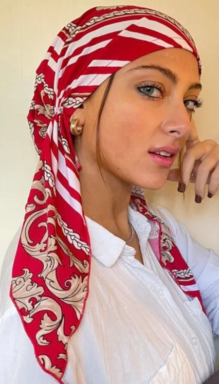 Turban Hair Scarf Gift | Elegant Red Head Scarf Tie Back Cap For Women Easy Slip On Style Pre-Tied | Proudly Made in USA