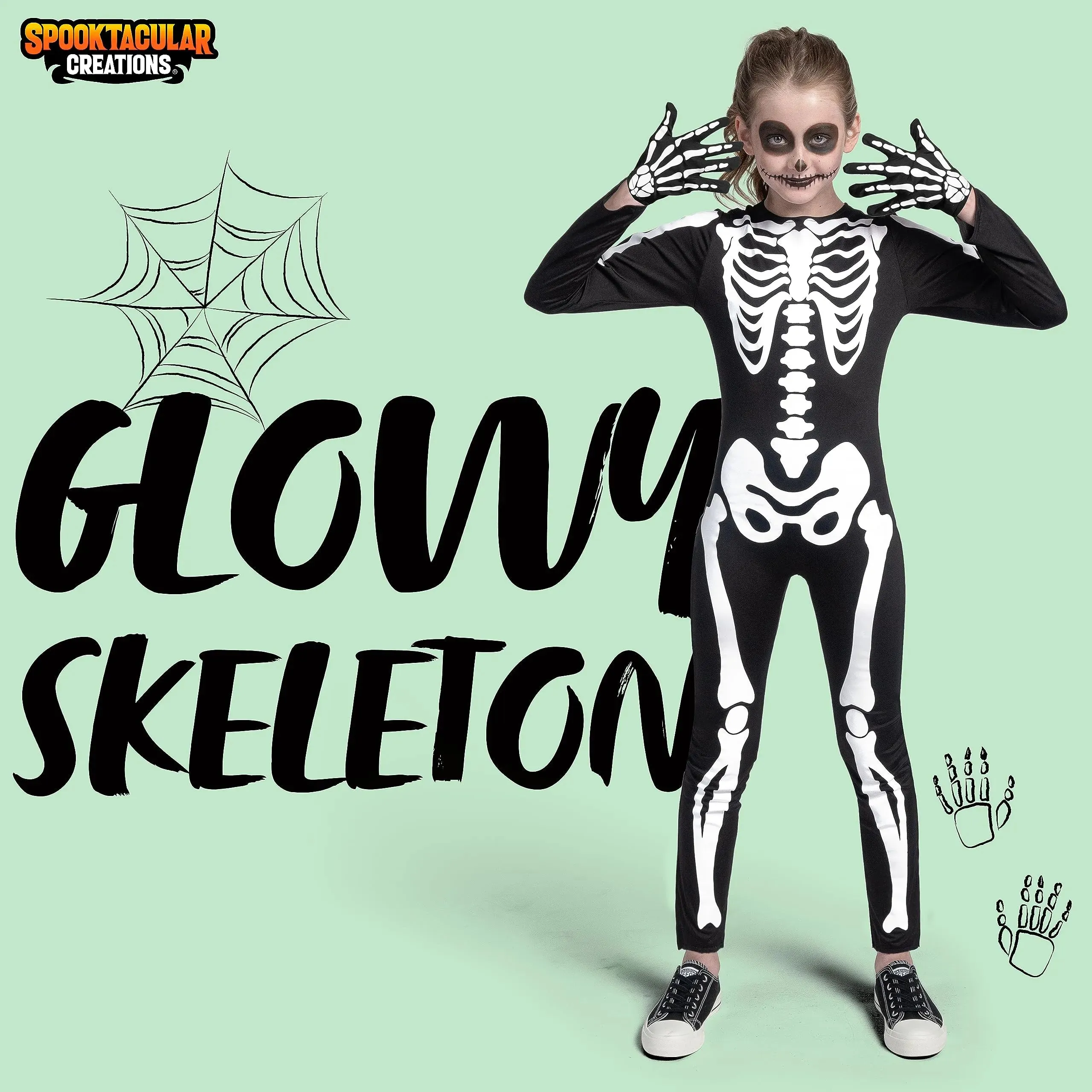 Unisex Kids Skeleton Glow in the Dark Jumpsuit with Gloves Costume