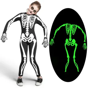 Unisex Kids Skeleton Glow in the Dark Jumpsuit with Gloves Costume