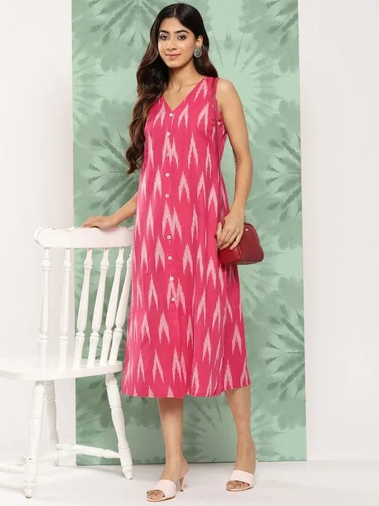 Varanga Pink Self Design A-Line Midi V-Neck Dress