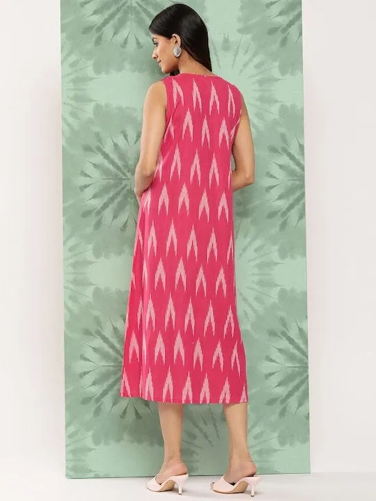 Varanga Pink Self Design A-Line Midi V-Neck Dress