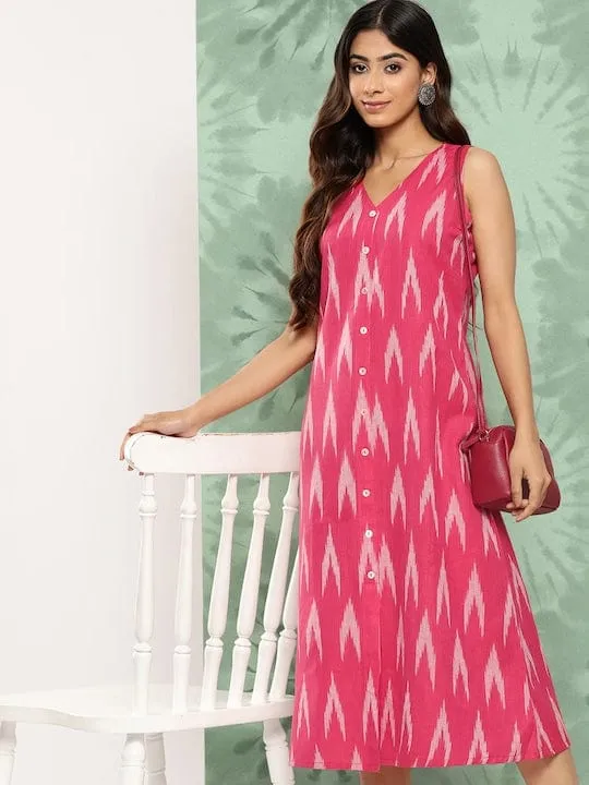 Varanga Pink Self Design A-Line Midi V-Neck Dress