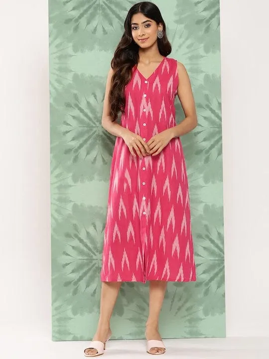 Varanga Pink Self Design A-Line Midi V-Neck Dress