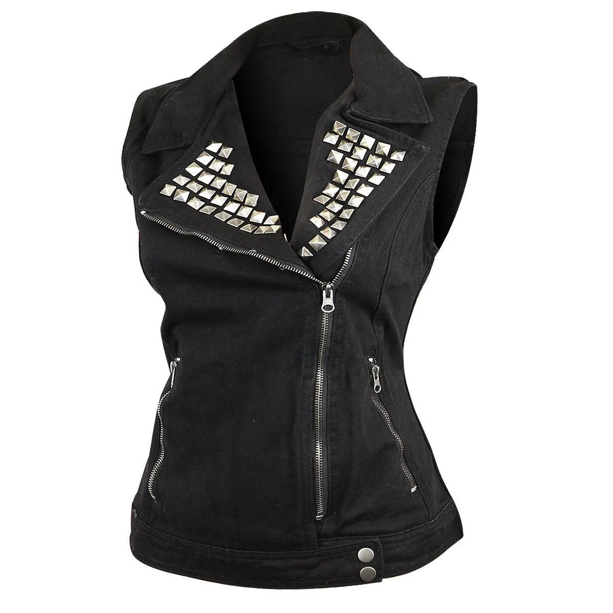 VB1050 Women's Denim Vest with Studded Collar Available in Black or Blue