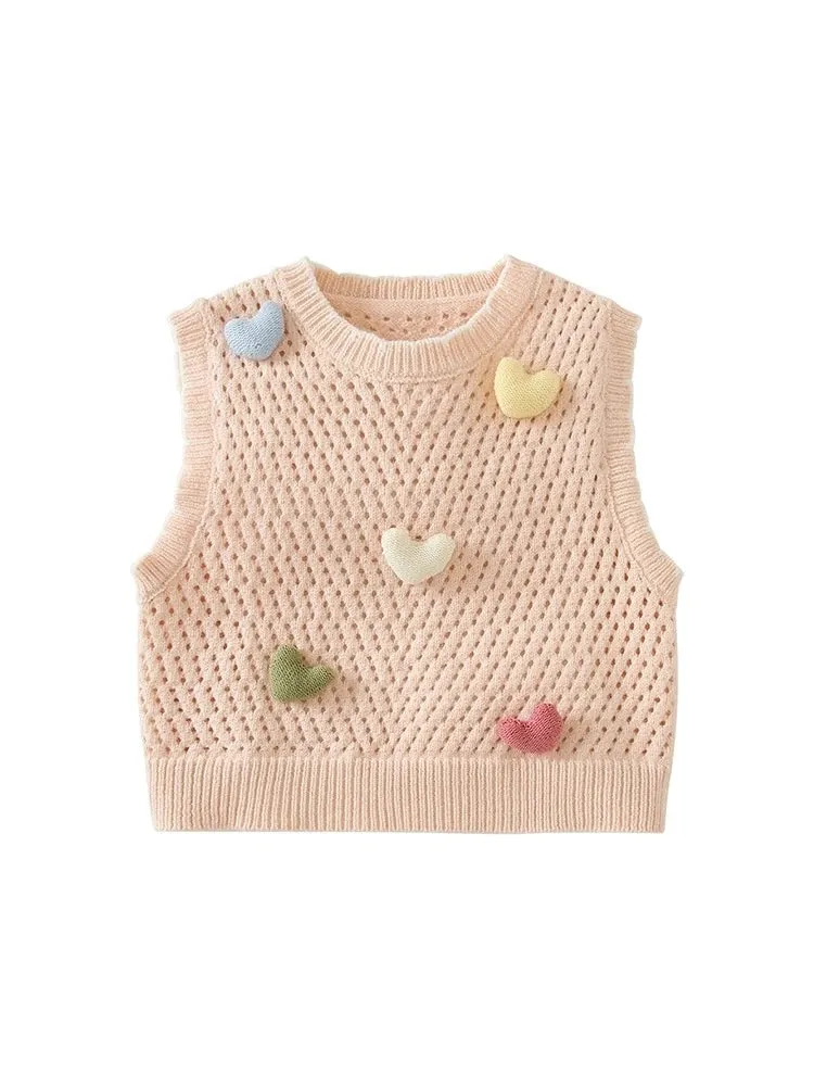 Vest with heart embroidery for children, sleeveless knit vest, round neck, cute and trendy, with open design, for spring and aut