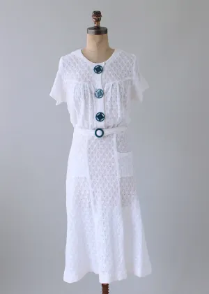 Vintage 1930s White and Blue Knit Dress