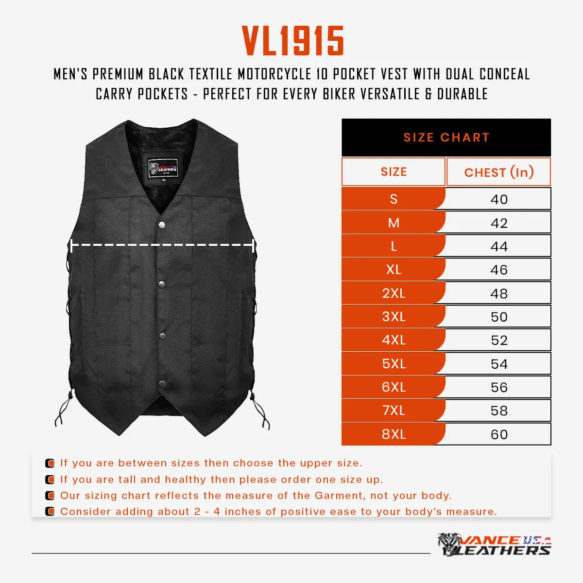 VL1915 Men's Premium Black Textile Motorcycle 10 Pocket Vest with Dual Conceal Carry Pockets - Perfect for Every Biker Versatile & Durable