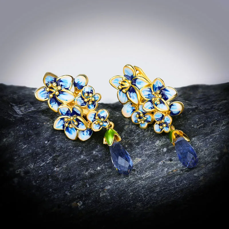 Water Drop Gem Flower Pastoral Style Sapphire Enamel Wedding Banquet Earrings Eardrops