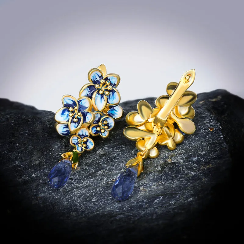 Water Drop Gem Flower Pastoral Style Sapphire Enamel Wedding Banquet Earrings Eardrops