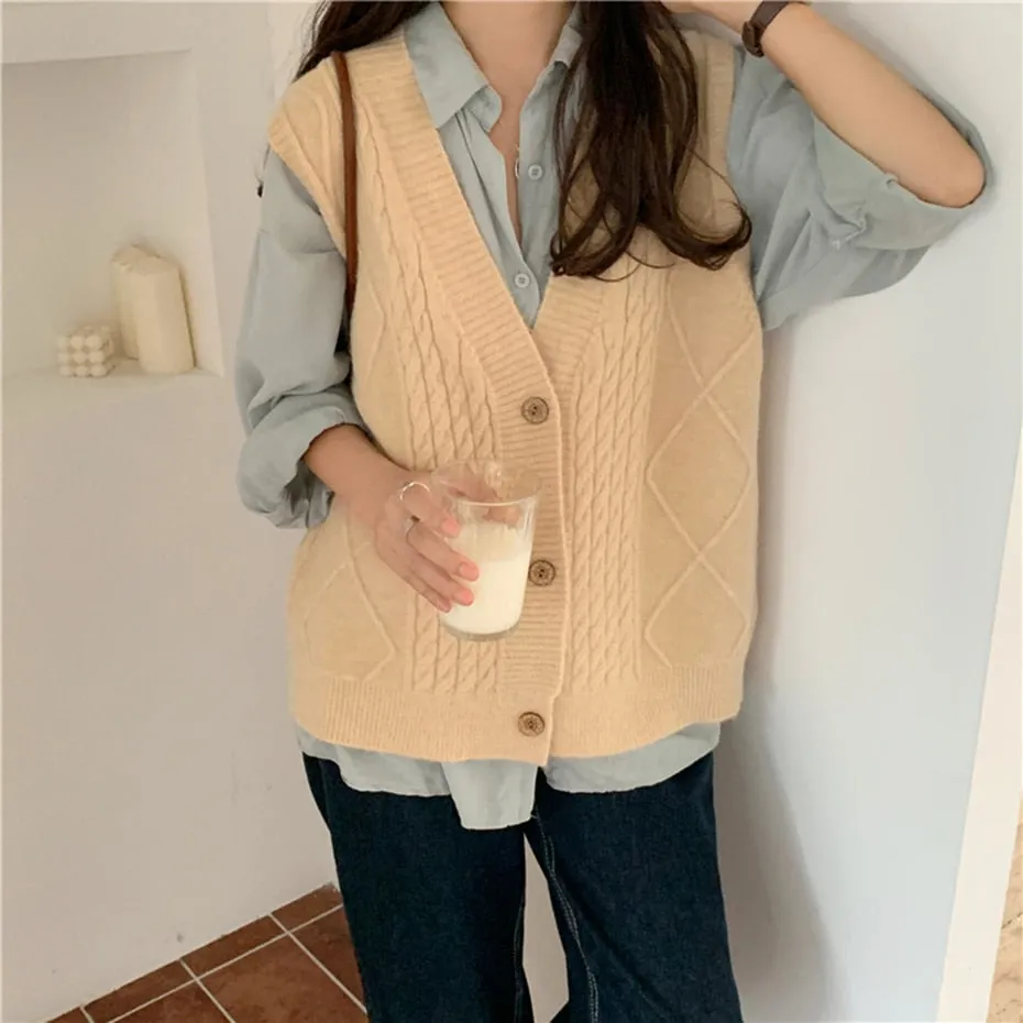 Wenkouban Knitted Cardigans Single-Breasted Sweater Vest Solid Deep V-Neck Sleeveless Women Tank Sweater Casual Waistcoat Outwear