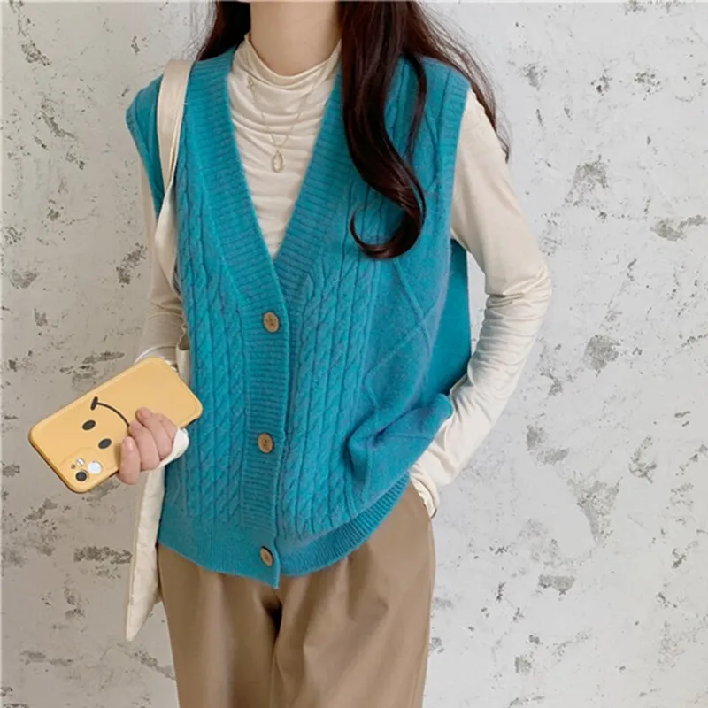 Wenkouban Knitted Cardigans Single-Breasted Sweater Vest Solid Deep V-Neck Sleeveless Women Tank Sweater Casual Waistcoat Outwear