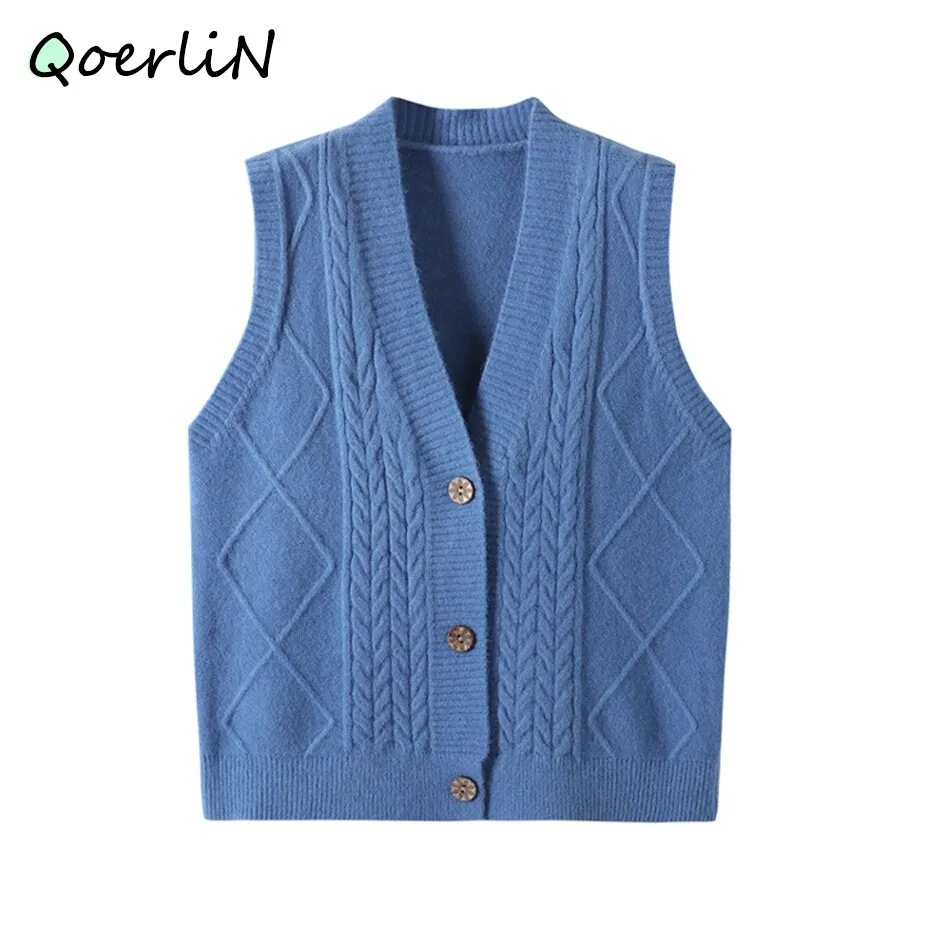 Wenkouban Knitted Cardigans Single-Breasted Sweater Vest Solid Deep V-Neck Sleeveless Women Tank Sweater Casual Waistcoat Outwear