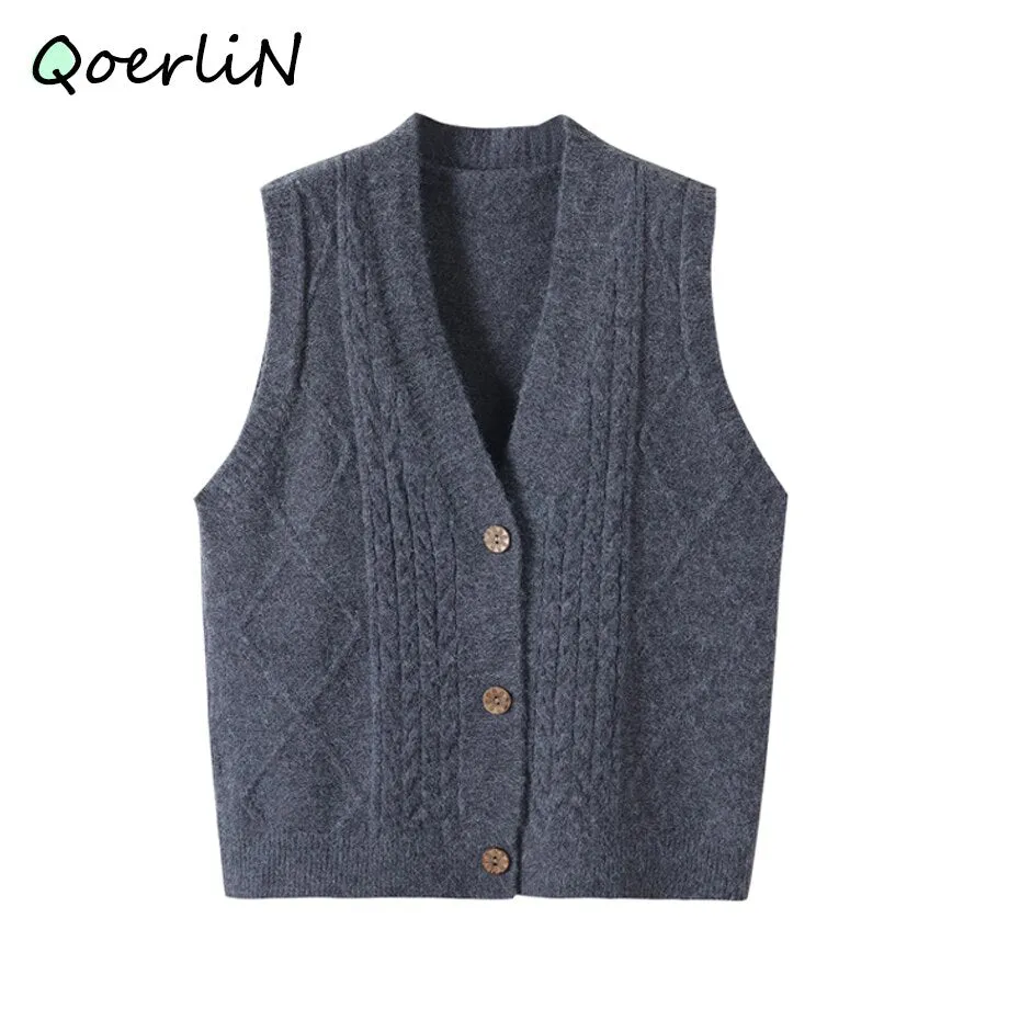 Wenkouban Knitted Cardigans Single-Breasted Sweater Vest Solid Deep V-Neck Sleeveless Women Tank Sweater Casual Waistcoat Outwear