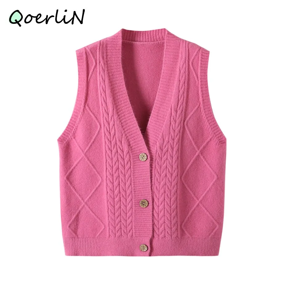 Wenkouban Knitted Cardigans Single-Breasted Sweater Vest Solid Deep V-Neck Sleeveless Women Tank Sweater Casual Waistcoat Outwear