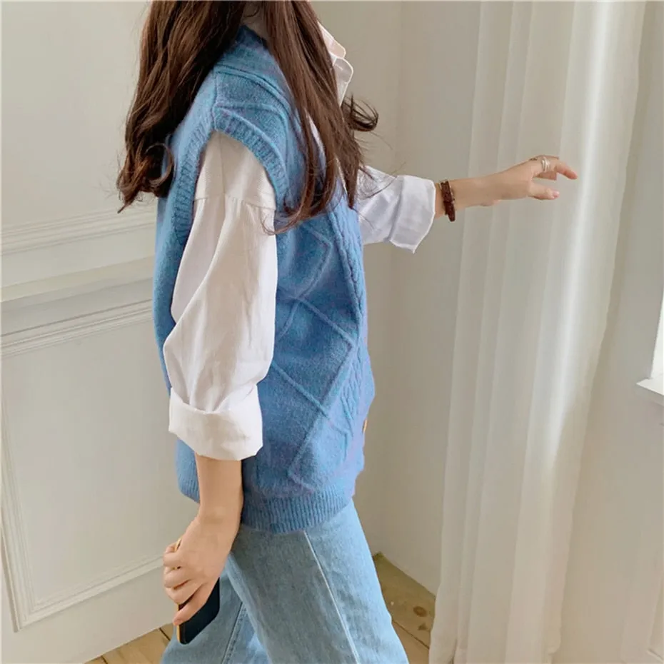 Wenkouban Knitted Cardigans Single-Breasted Sweater Vest Solid Deep V-Neck Sleeveless Women Tank Sweater Casual Waistcoat Outwear